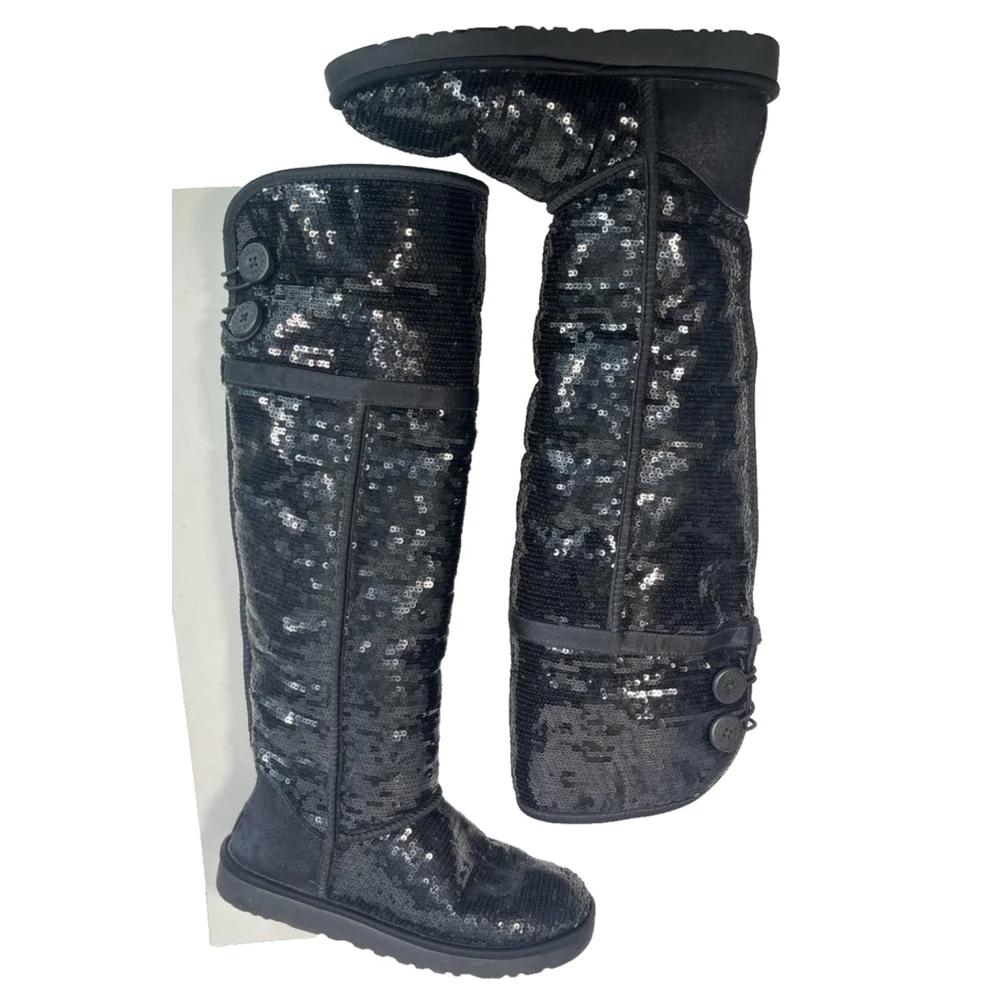 UGG Black Tall Over Knee High Sequin Shearling Button Boots Womens Size‎ 7 Rare